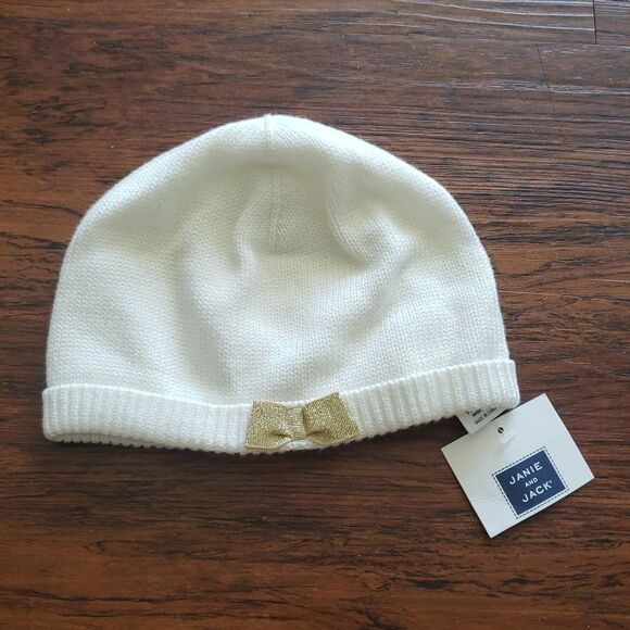 NWT Janie and Jack Cream Chic Trendy Cozy Knit Gold Bow Beanie Size 18-24mo - Picture 1 of 3